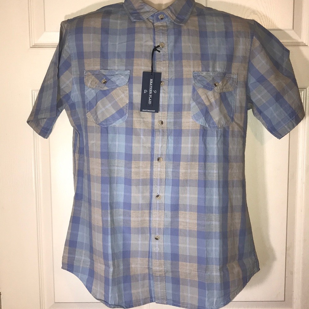 NWT Pd&c medium ss blue plaid button down shirt